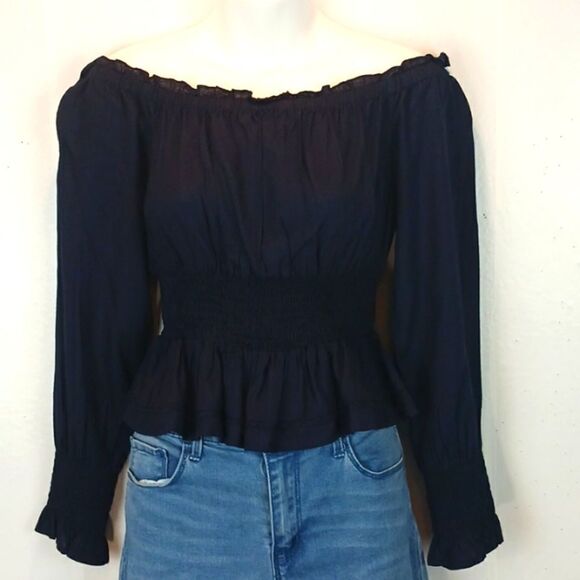 Patrons of peace off the shoulders navy long sleeve peasant style top size small - Picture 1 of 10